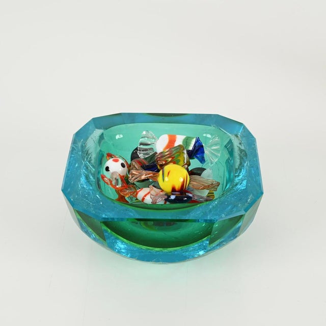 Splendid Murano decorative bowl or vide-poche in a stunning combination of "sommerso" frosted acuamrine and light green...