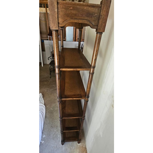 Wood Mid-Century British Colonial Faux Bambo, Walnut and Woven Reed Estage or Bookcase For Sale - Image 7 of 11
