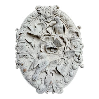 C 1920s Antique Plaster Cement French Bird Butterfly Flower Wall Sculpture For Sale