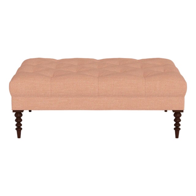 Bunny Williams Home Irving Ottoman in Adobe Performance Birdseye Chenille with Mahogany Legs For Sale