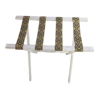 Scheibe White Vintage Luggage Suitcase Folding Rack With Tapestry Fabric Straps For Sale