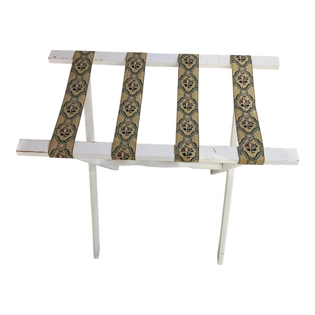 Scheibe White Vintage Luggage Suitcase Folding Rack With Tapestry Fabric Straps For Sale