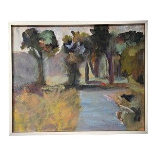 Vintage Post Impressionist Modern Landscape Still Life Original Oil Framed Painting, Pistachio Green, Purple, Blue For Sale