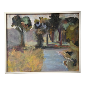 Vintage Post Impressionist Modern Landscape Still Life Original Oil Framed Painting, Pistachio Green, Purple, Blue