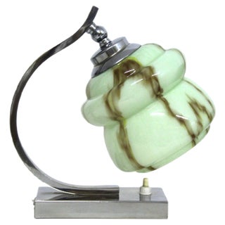 Chrome-Plated Brass and Marbled Opal Glass Table Lamps, 1930s, Set of 2 For Sale