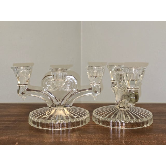 Mid 20th Century Vintage Pressed‑Glass Triple Spot Candleholders — Set of Two For Sale - Image 5 of 11
