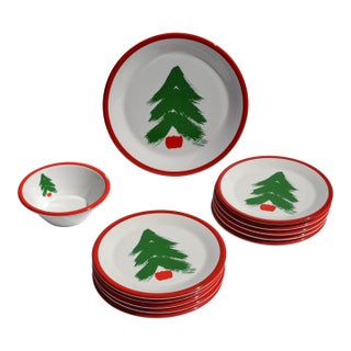 Set 12 Pfaltzgraff Marimekko Oy Christmas Tree Red Band Design Dinnerware Late 20th Century For Sale