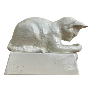 Young Cat in Creil and Montereau Earthenware by Ernest Gazan For Sale