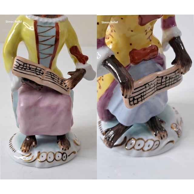 1980s Chelsea House Porcelain Monkey Band Singer Figurines, Pair, Meissen Style Rococo Musicians For Sale - Image 13 of 14