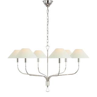 Amber Lewis for Visual Comfort Signature Griffin Grande Tail Chandelier in Polished Nickel and Parchment Leather with Linen Shades For Sale
