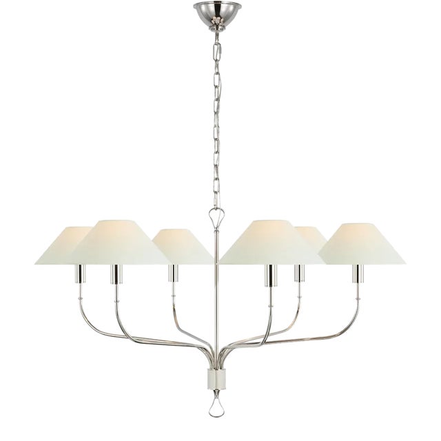 Amber Lewis for Visual Comfort Signature Griffin Grande Tail Chandelier in Polished Nickel and Parchment Leather with Linen Shades For Sale