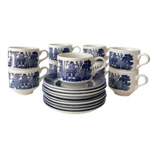 Late 20th Century Blue Willow Georgian Shape Tea Cups and Saucers by Churchill of England, 18 Pieces For Sale
