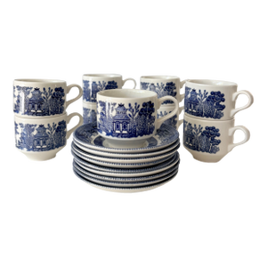 Late 20th Century Blue Willow Georgian Shape Tea Cups and Saucers by Churchill of England, 18 Pieces