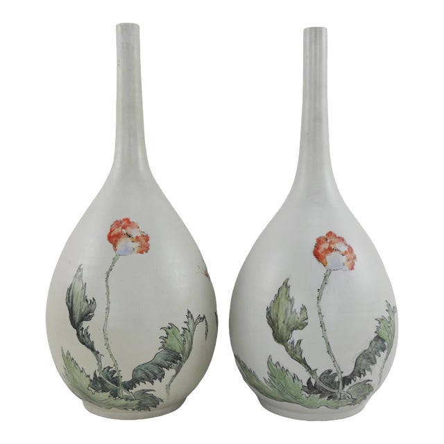 Pair Vintage Porcelain With Hand Painted Flowers Motif Vase For Sale