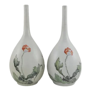 Pair Vintage Porcelain With Hand Painted Flowers Motif Vase