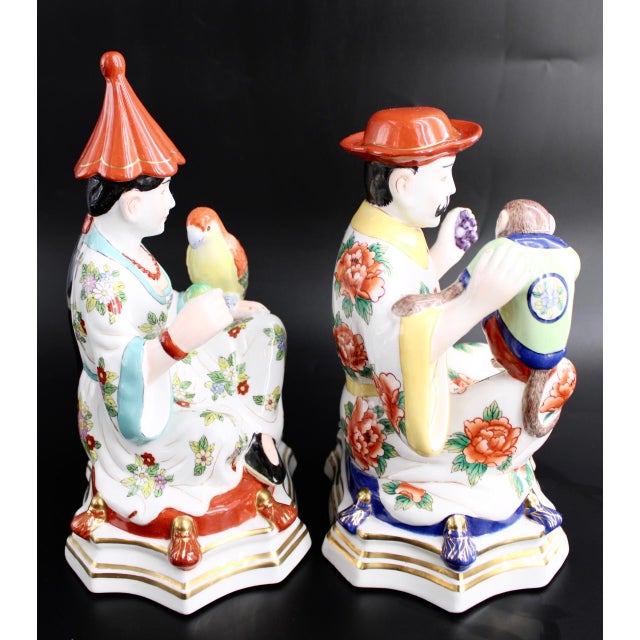 Ceramic VTG Pair of Chelsea House Chinoiserie Figures Meissen Style Monkey Parrot For Sale - Image 7 of 11
