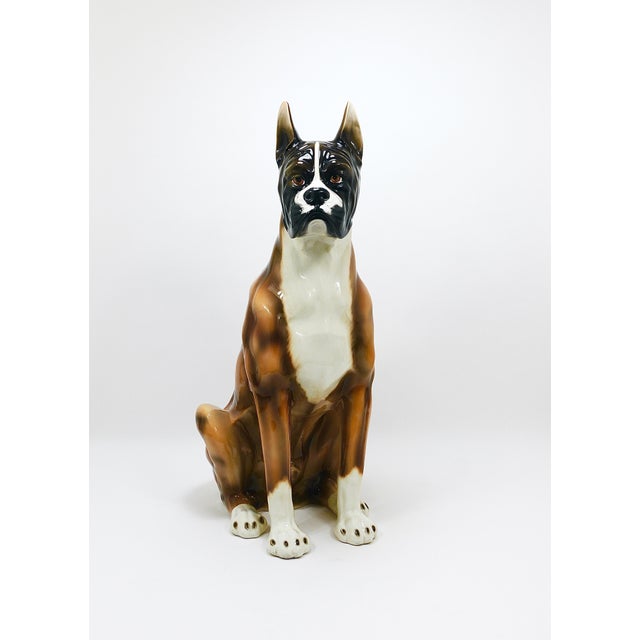 An eye-catching and ornamental vintage life-size figurine of a boxer dog, standing 34 inches tall. This handcrafted and...