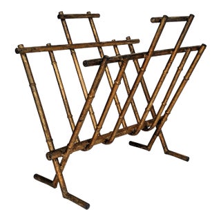 1970s Hollywood Regency Gilded Faux Bamboo Magazine Holder For Sale