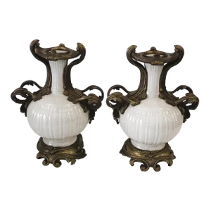 Antique Louis XV Chinese Gilt Bronze Ormolu Mounted Porcelain Vases - a Pair