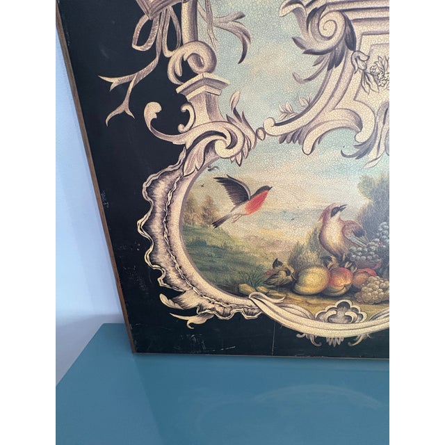 Nice large decorative panel in chinoiserie style of monkey and still life. Intentional crackle finish and golden sprays...