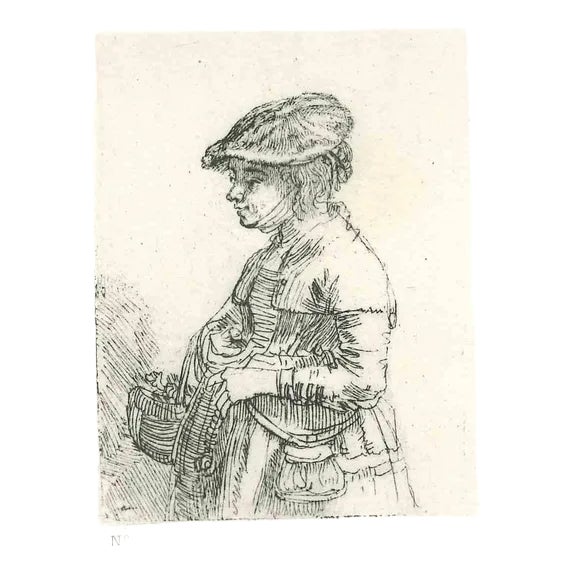 Charles Amand Durand after Rembrandt, Girl with a Basket, Engraving, 19th Century For Sale
