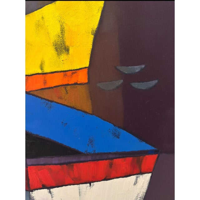 An original abstract oil painting by artist Vadim Puyandaev, featuring a dynamic composition of geometric forms layered in...