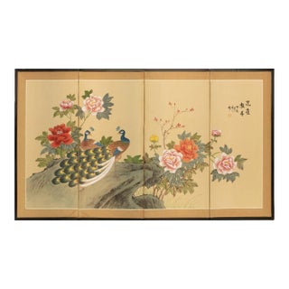 1970s Chinoiserie "Peacocks and Peonies" Silk Screen For Sale