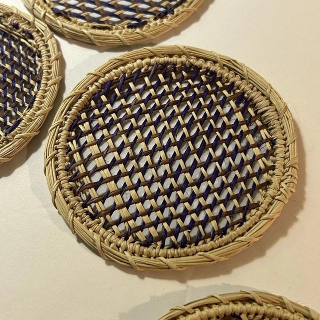 Coastal Vintage Handwoven Straw Placemats & Coasters Set of 6 Boho Raffia 12 Piece For Sale - Image 3 of 8