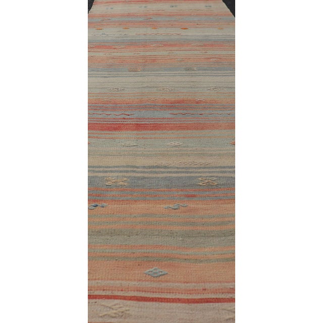 Traditional Vintage Turkish Kilim Runner in Coral, Blue and Beige Striped Design 2'10" X 11'6" For Sale - Image 3 of 10