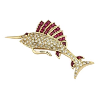Mid 20th Century Swordfish 1.75ct Diamond & Ruby 14k Yellow Gold Pin Brooch For Sale