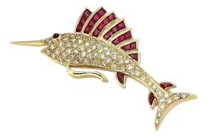 Mid 20th Century Swordfish 1.75ct Diamond & Ruby 14k Yellow Gold Pin Brooch