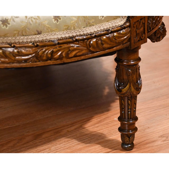 1920s Antique French Carved Walnut Spring-Seat Loveseat Sofa New Upholstery For Sale - Image 11 of 17