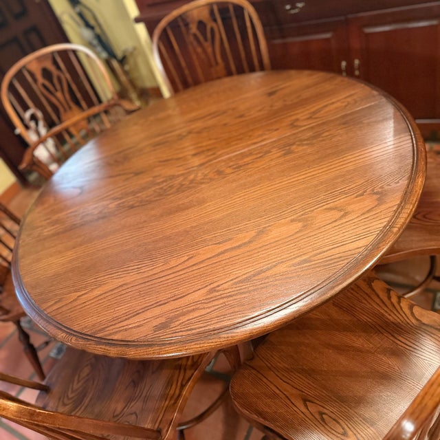 Vintage Nichols & Stone Oak Round Oval Dining Table Windsor Chairs 7p Set For Sale In Los Angeles - Image 6 of 17