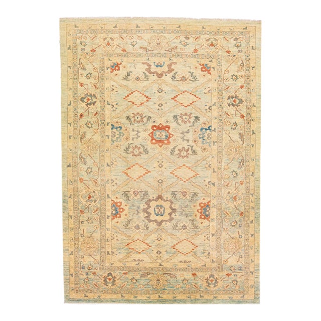 Modern Indian Handmade Beige Wool Rug With Geometric Motif For Sale