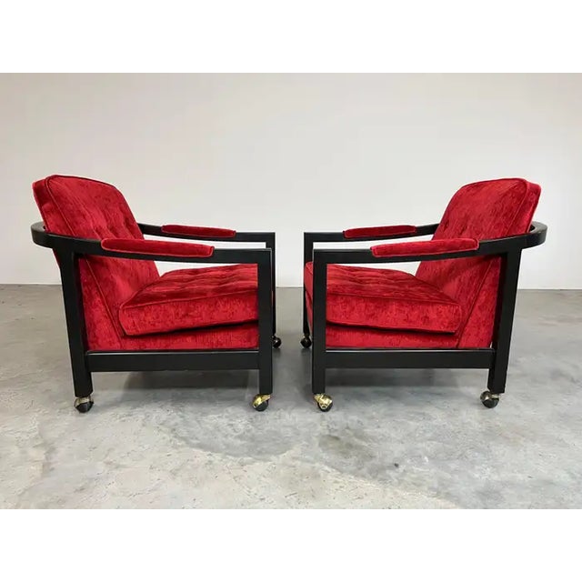Milo Baughman Style Directional Deep Red Velvet & Ebony Mahogany Club Chairs For Sale In Philadelphia - Image 6 of 11