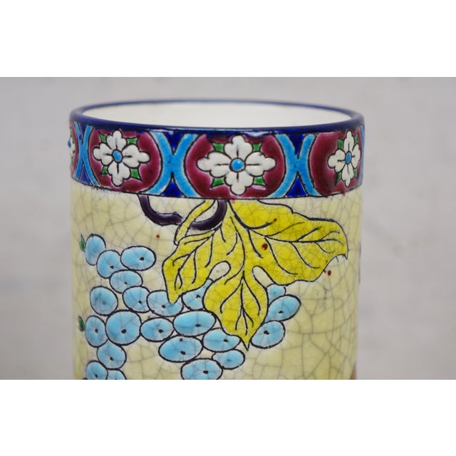 Antique French Longwy Emaux Cloisonne Enamel Grapevine Ceramic Cylinder Vase 7" For Sale - Image 9 of 10