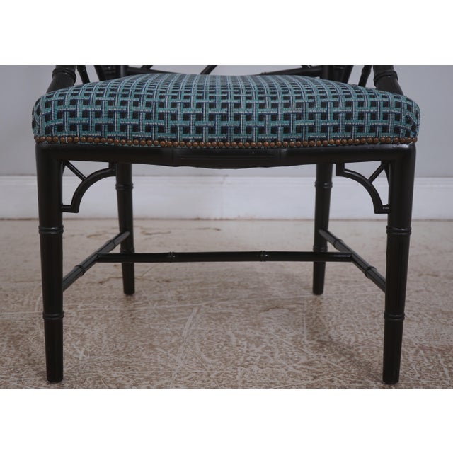 Pair of Ebonized Chinese Chippendale Faux Bamboo Dining Arm Chairs For Sale - Image 9 of 18