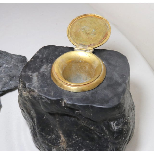 Antique Handmade Carved Black Stone Brass Ornate Inkwell Paperweight Writing Set For Sale In New York - Image 6 of 12