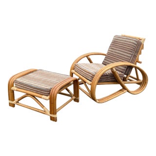 Vintage 1960s Adjustable Pretzel Rattan Bamboo Lounge Chair & Ottoman - 2 Pieces For Sale