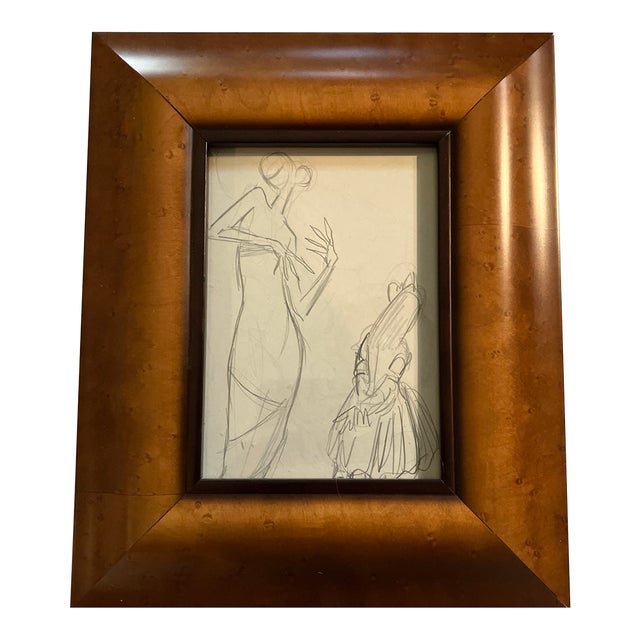 1940’s Double Figure Modernist Pencil Drawing Woman With Girl Wide Wood Frame For Sale