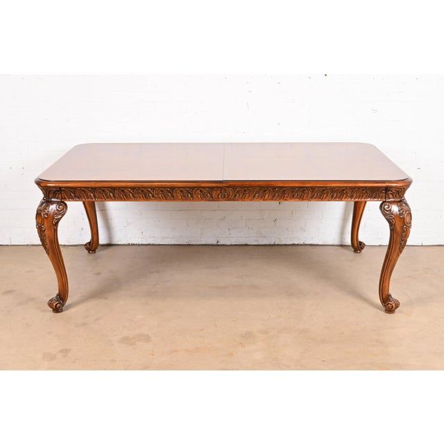 Wood Henredon Italian Baroque Carved Oak and Burl Wood Extension Dining Table, Newly Refinished For Sale - Image 7 of 12