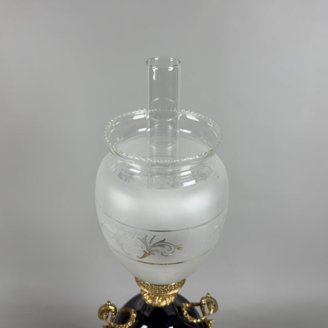 Antique French Table Lamp in Porcelain, Brass and Satin Glass For Sale - Image 6 of 15