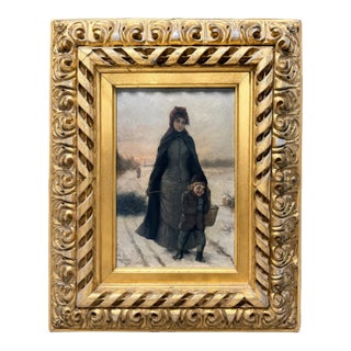 Isaac Henry Caliga (American, 1857-1944) 1884 Winter Mother & Child Oil on Board For Sale