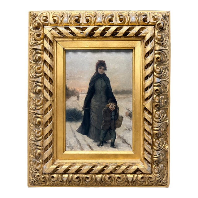 Isaac Henry Caliga (American, 1857-1944) 1884 Winter Mother & Child Oil on Board For Sale