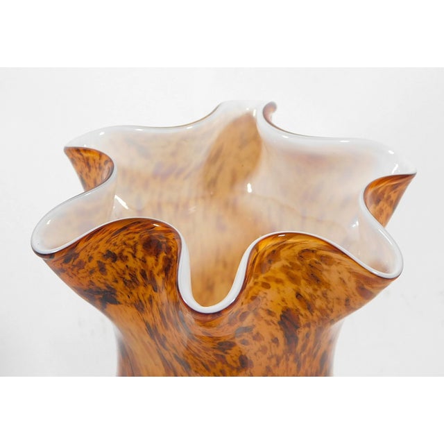 Contemporary Art Glass Vase, in amber tones, with ruffled rim, bulbous body, wear consistent with age and light use, 11” h.