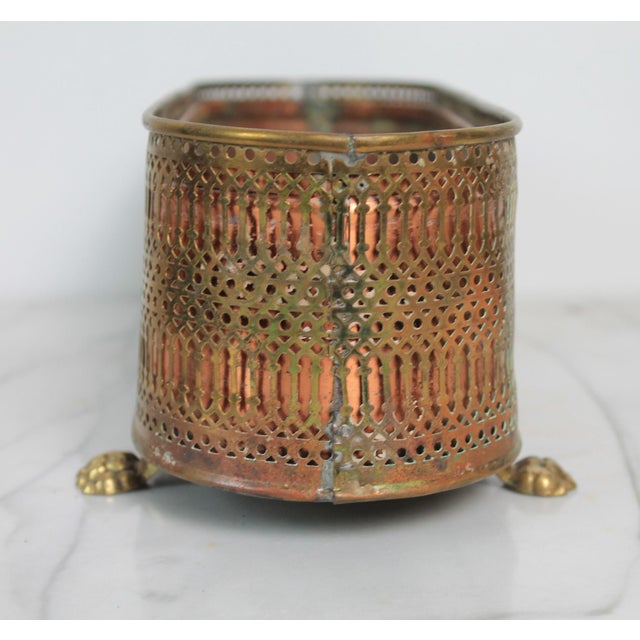 Farmhouse Vintage Oval Elongated Footed Brass and Copper Reticulated Planter W/ Paw Feet For Sale - Image 3 of 14