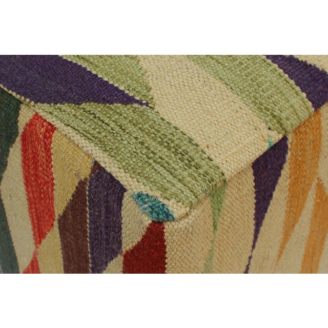 Shabby Chic Ivory/Red Handmade Kilim Upholstered Ottoman For Sale - Image 4 of 9
