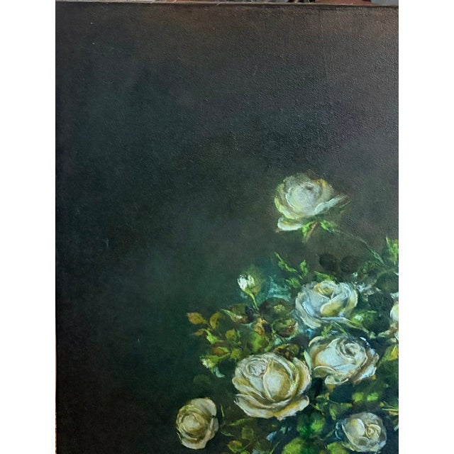 American Large Early Floral Still Life Oil Painting - Yellow Roses For Sale - Image 3 of 8