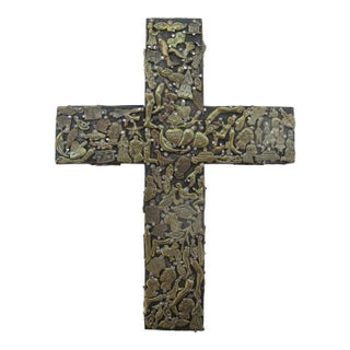 Milagros Nailed Brass Charms Mexico Folk Art Wall Hanging Cross For Sale