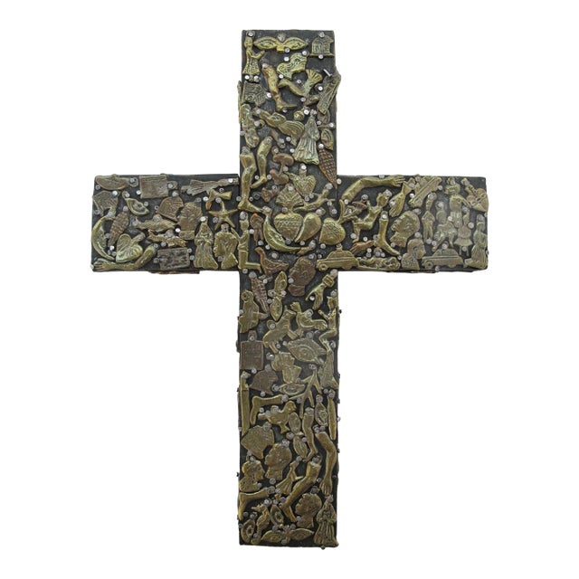Milagros Nailed Brass Charms Mexico Folk Art Wall Hanging Cross For Sale
